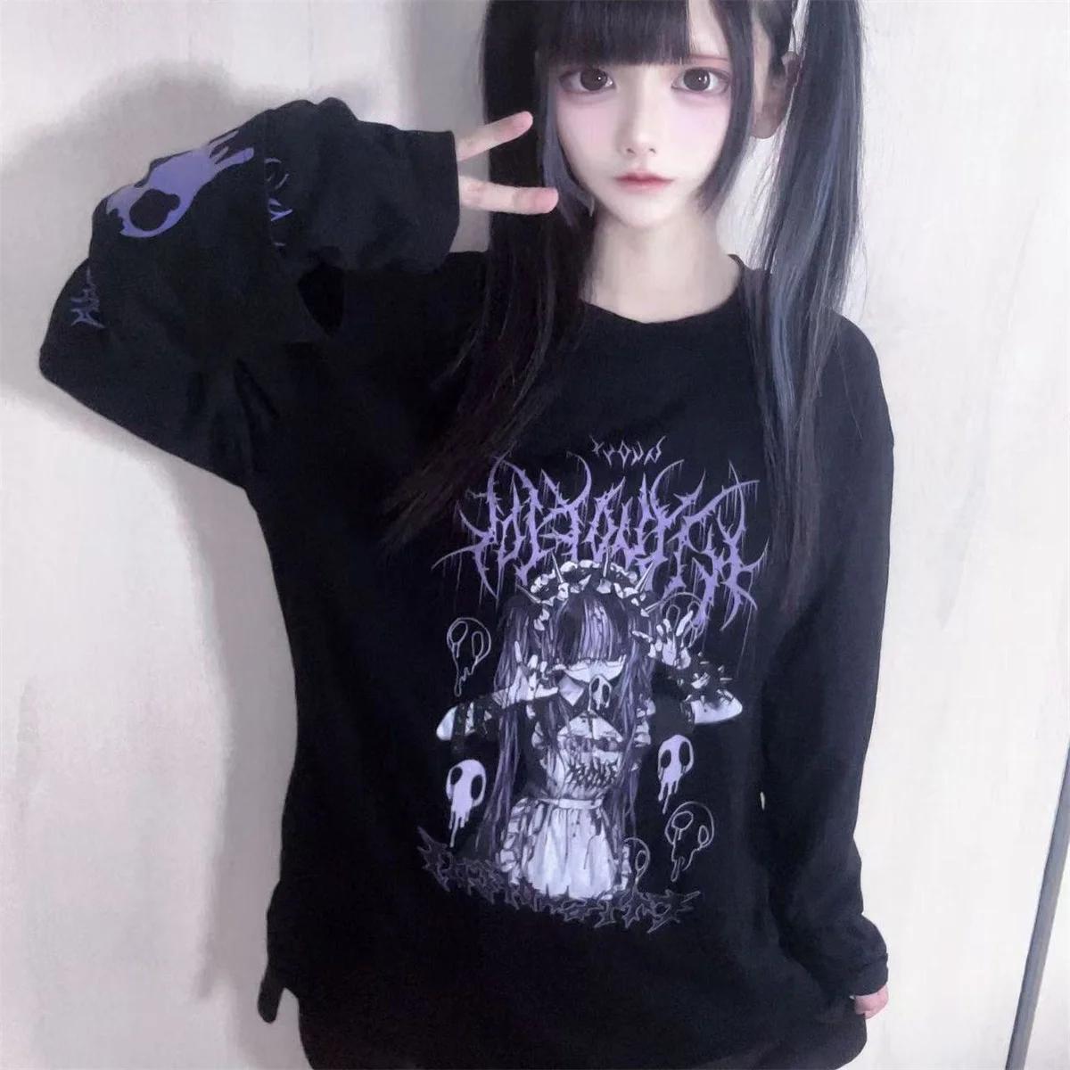 T-shirt à manches longues noir col rond Y2K, imprimé anime subculture japonaise, nouvelle collection
