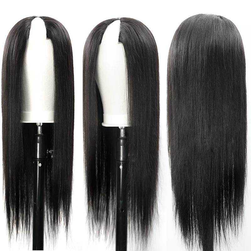 Perruque droite en V U pour femme, cheveux humains, sans laisser de côté, partie fine, densité 250,