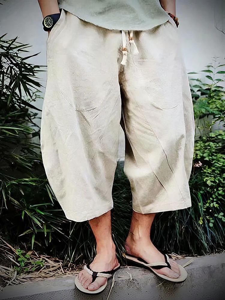 Été plage coton lin Shorts décontracté és hommes japonais jambe large Baggy Capris pantalon mâle Spo