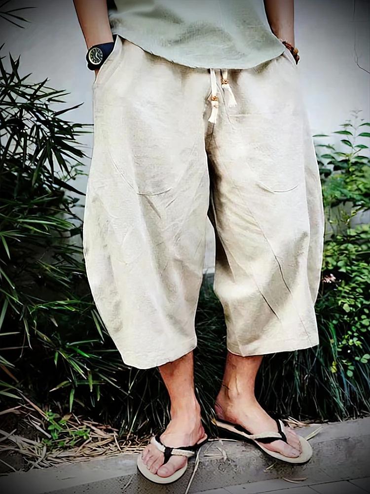 Été plage coton lin Shorts décontracté és hommes japonais jambe large Baggy Capris pantalon mâle Spo