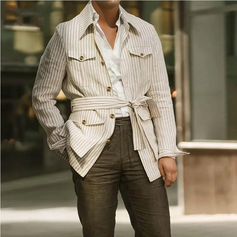 Printemps vêtements hommes léger luxe à manches longues rayé poche chemise décontracté Streetwear ch