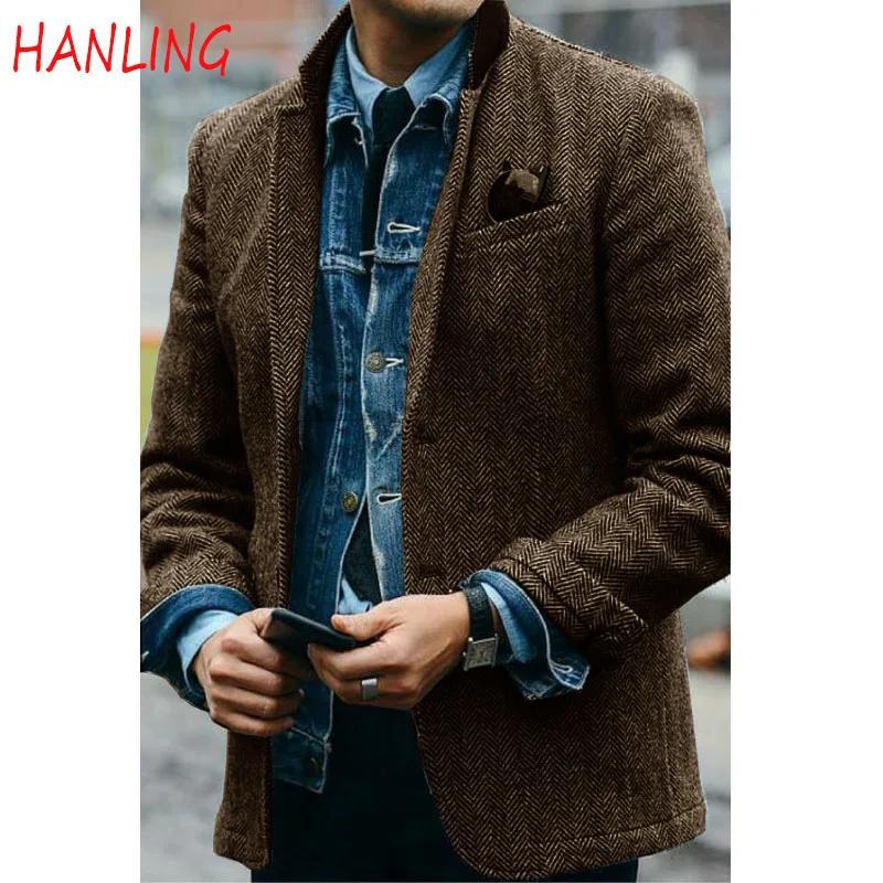 Veste d'hiver à chevrons pour homme, Blazer formel coupe cintrée, manteau chaud, polaire