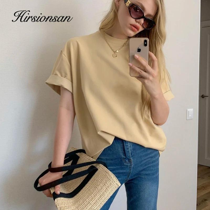 Hirsionsan-T-Shirt décontracté en coton pour femme, vêtement basique, doux, couleur unie, style Hara