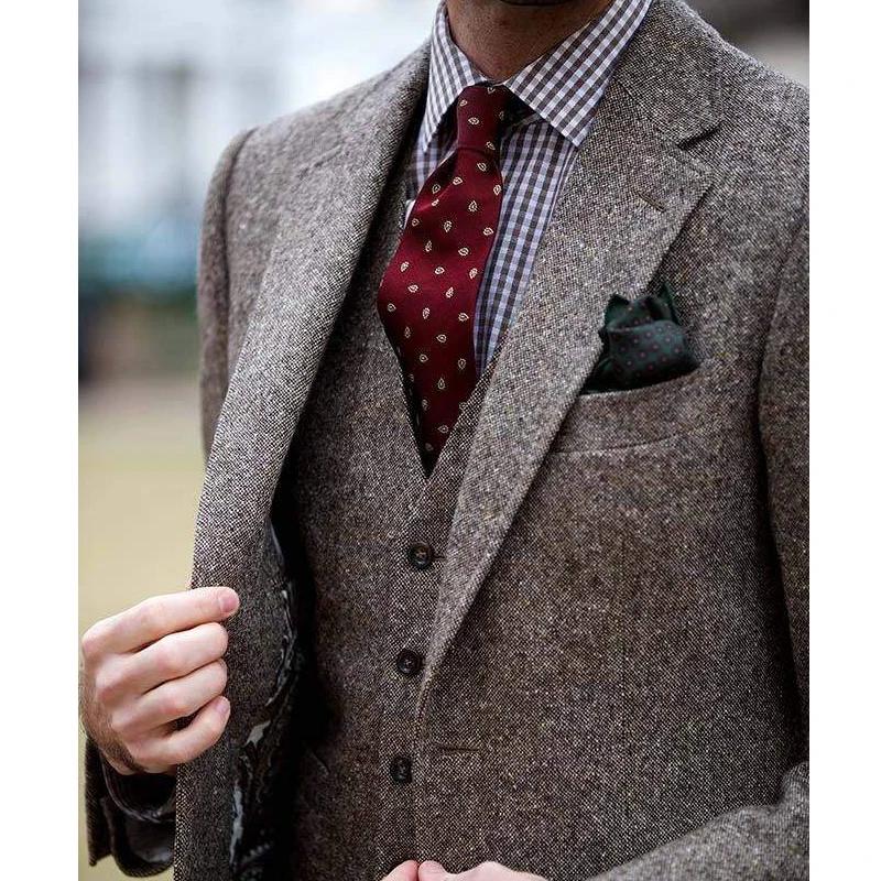 Costumes 3 pièces en laine Tweed pour hommes, pour l'hiver, smoking de marié, mode Costume de mariag