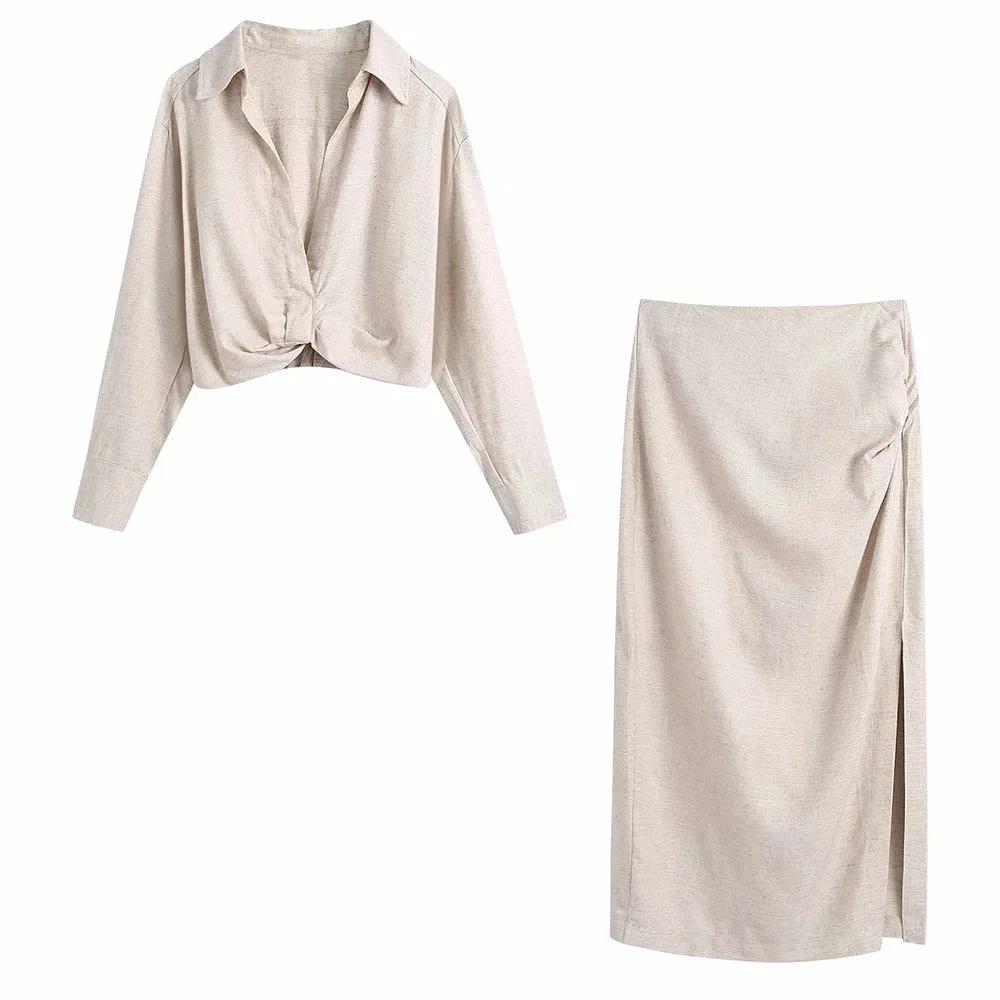 Chemise courte à manches longues et col rabattu pour femme, jupe décontractée fendue sur le côté, de