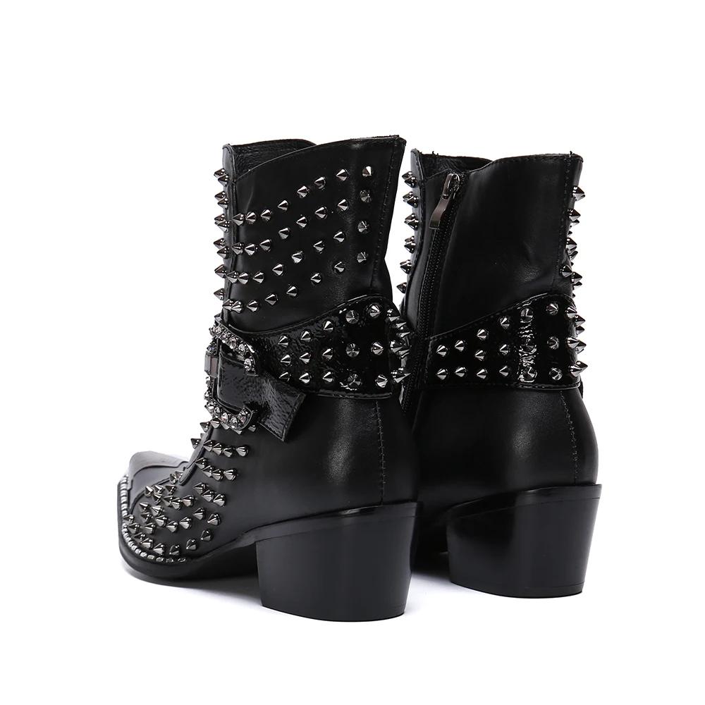Bottes en cuir pointues à talons hauts pour hommes, chaussures de qualité, rivet, personnalité, chan