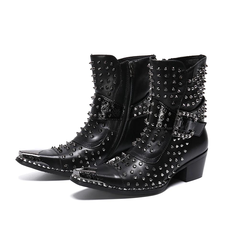 Bottes en cuir pointues à talons hauts pour hommes, chaussures de qualité, rivet, personnalité, chan