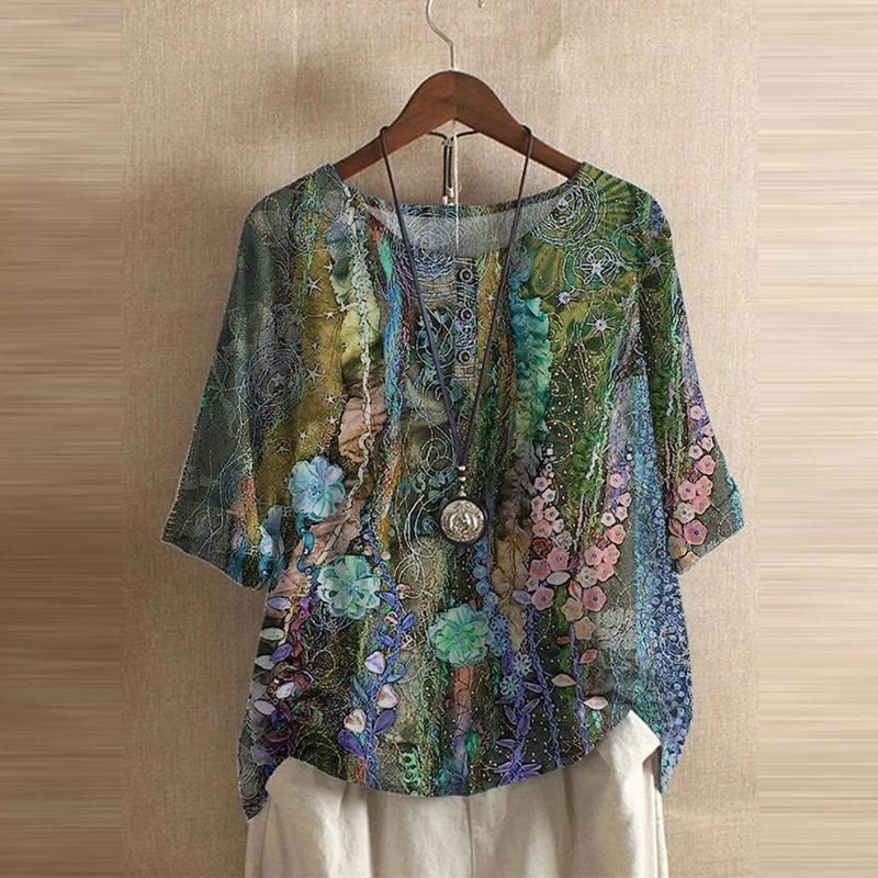 Chemisier imprimé Floral pour femmes, chemise d'été décontractée, col rond, pull à manches mi-longue