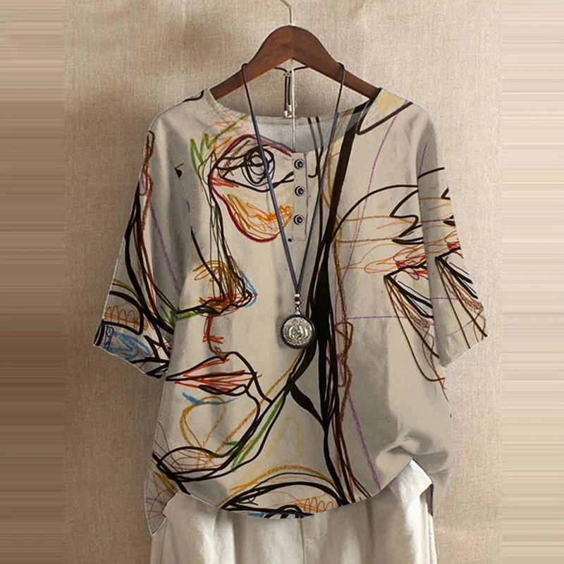 Chemisier imprimé Floral pour femmes, chemise d'été décontractée, col rond, pull à manches mi-longue