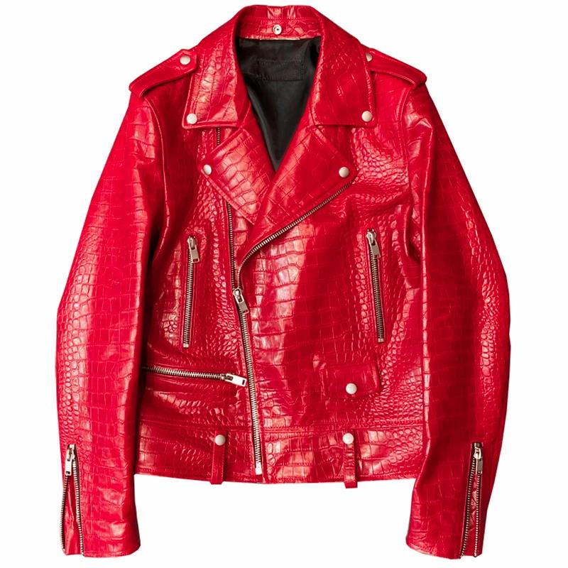 Mauroicardi-Veste de motard en similicuir à motif crocodile rouge pour homme, manches longues, ferme