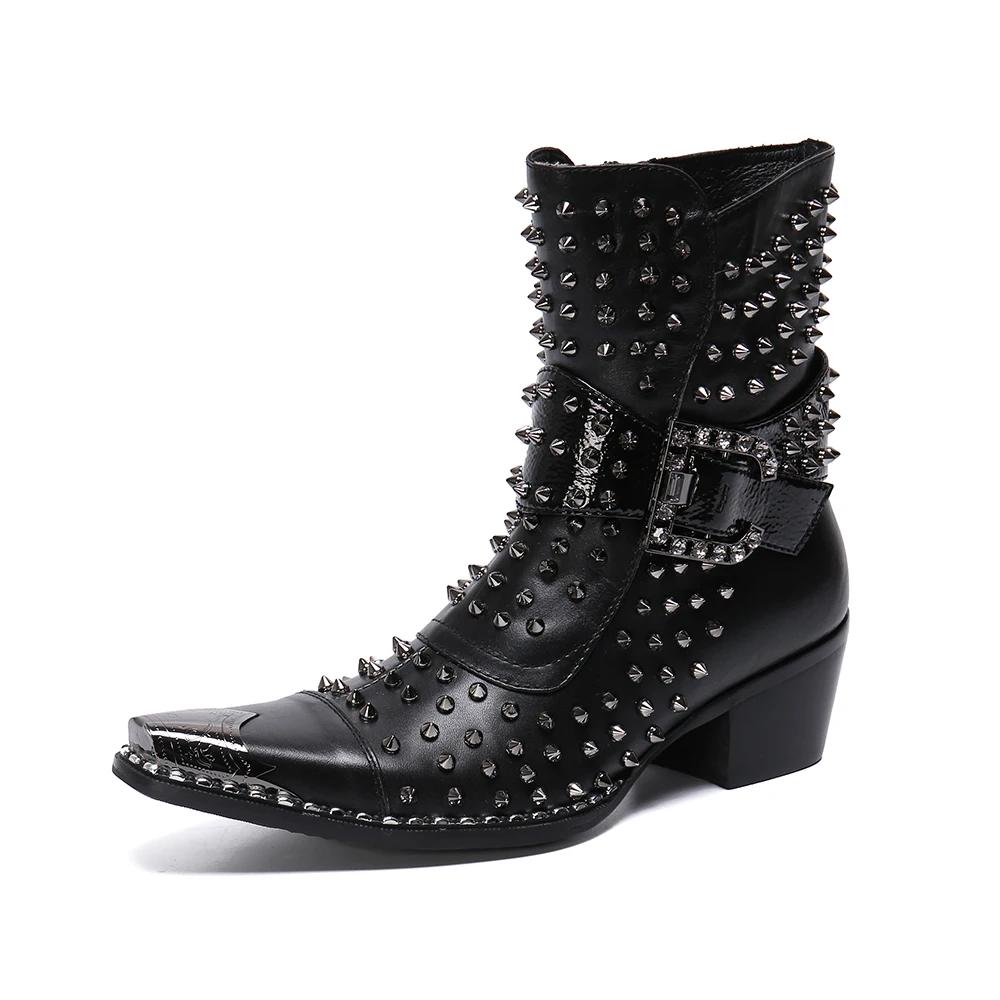 Bottes en cuir pointues à talons hauts pour hommes, chaussures de qualité, rivet, personnalité, chan