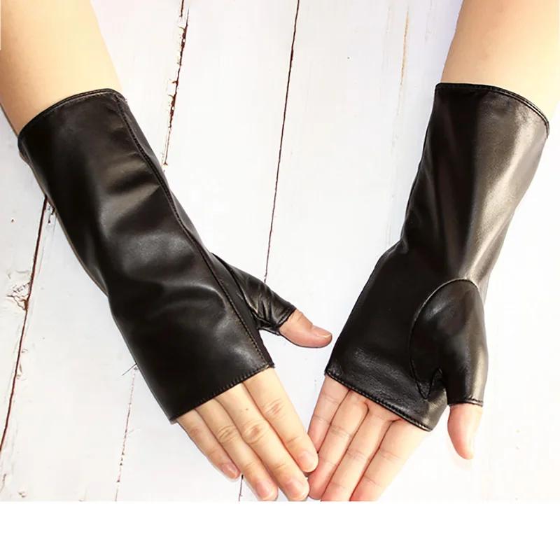 Gants longs demi-doigt en peau de mouton pour femmes et hommes, en cuir, pour conduite de voiture, m