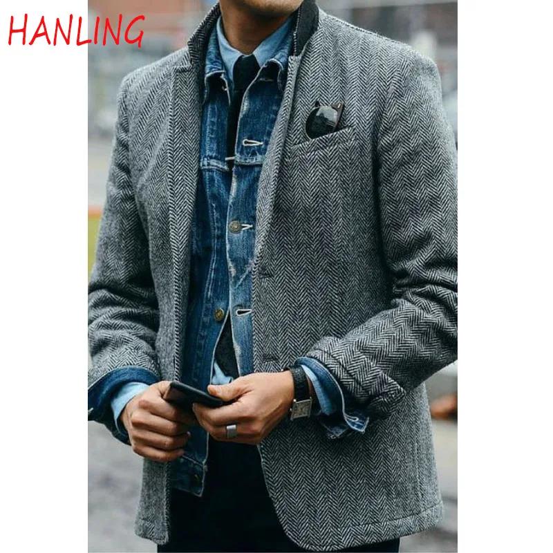 Veste d'hiver à chevrons pour homme, Blazer formel coupe cintrée, manteau chaud, polaire