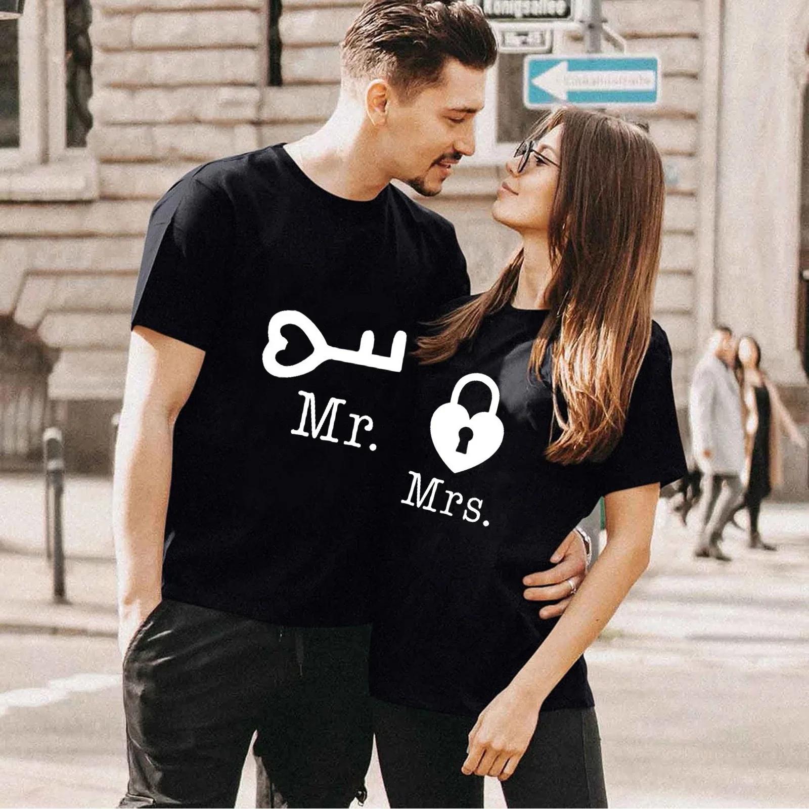 Couples T-shirt coeur clé serrure Mr mme imprimer Couple T-shirt été roi reine T-shirt décontracté h