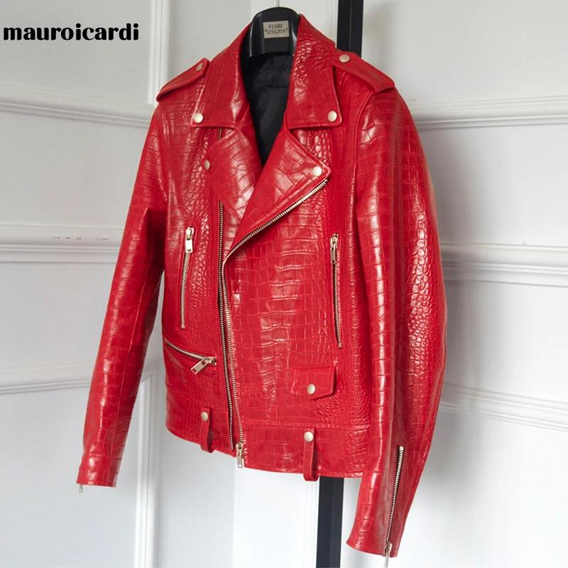 Mauroicardi-Veste de motard en similicuir à motif crocodile rouge pour homme, manches longues, ferme