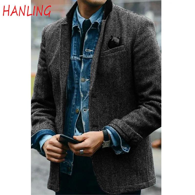 Veste d'hiver à chevrons pour homme, Blazer formel coupe cintrée, manteau chaud, polaire