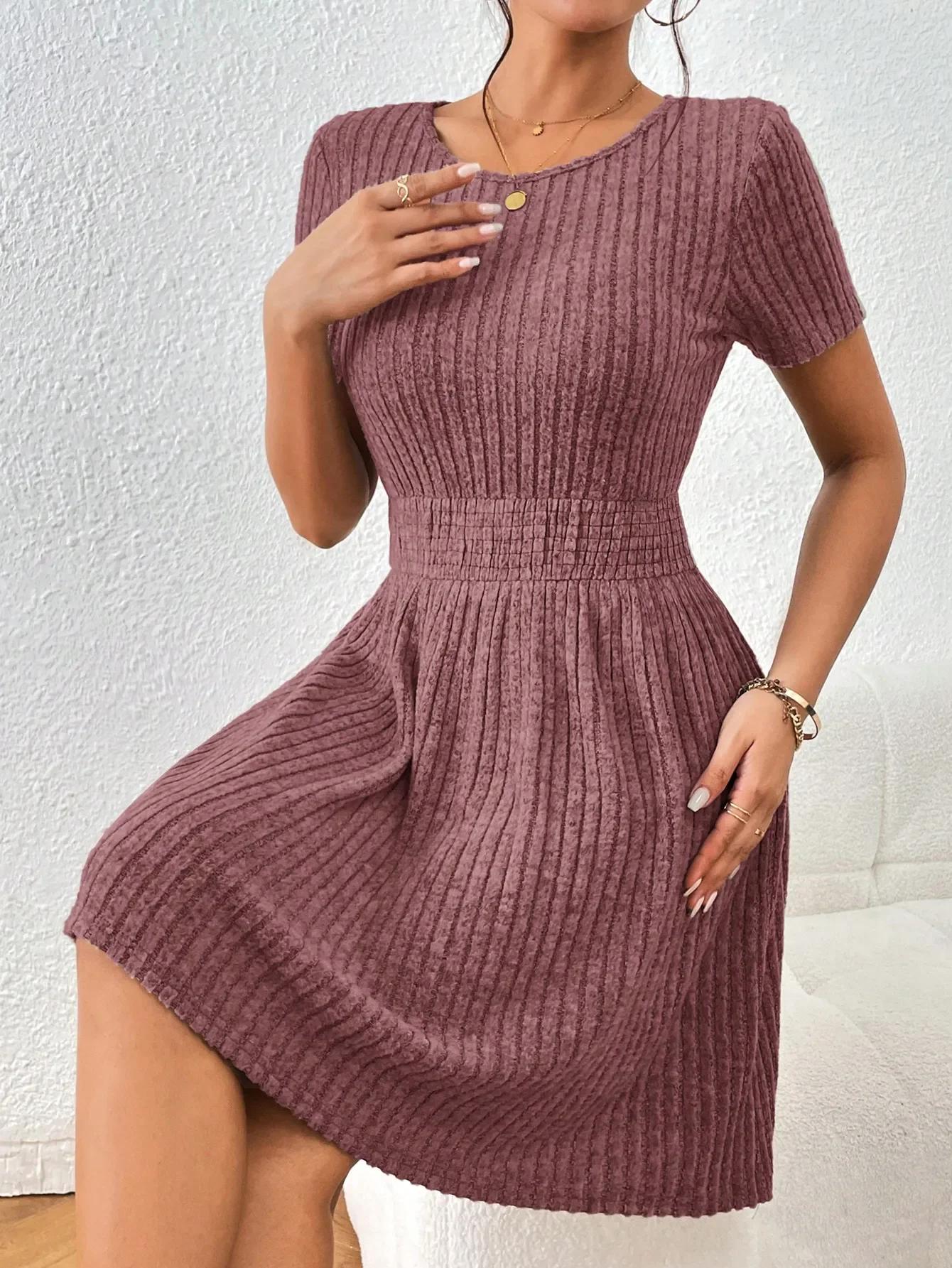 Robe trapèze côtelée unie décontractée et élégante pour femme – Nouvelle collection confortable