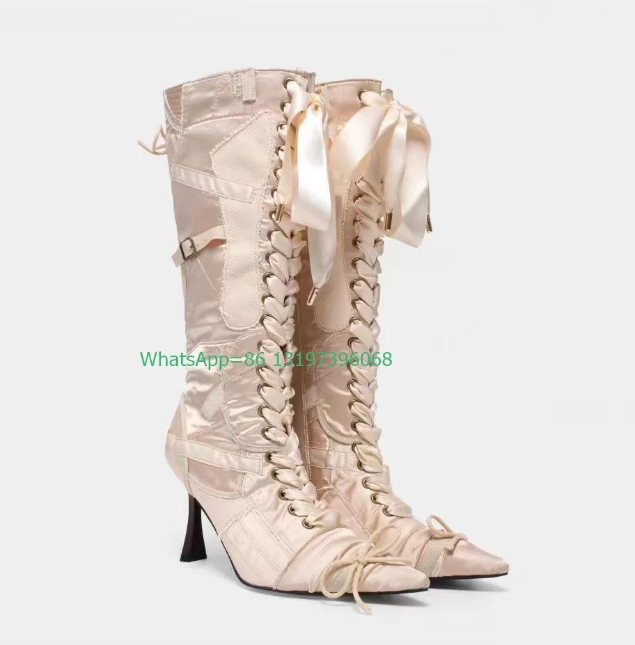 Dame élégante Vintage noeud papillon à lacets bottes au genou en détresse Denim tache bottes chaussu
