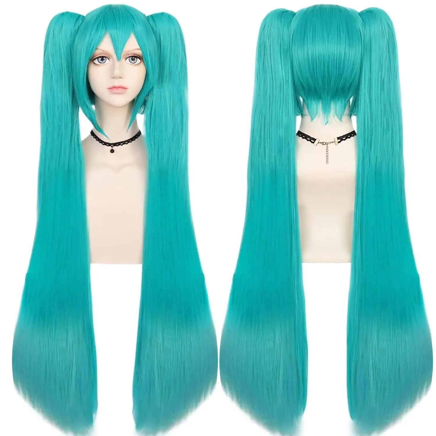 Perruques synthétiques vertes + bonnet de cheveux, perruque longue vert avec 2 queues de cheval pour
