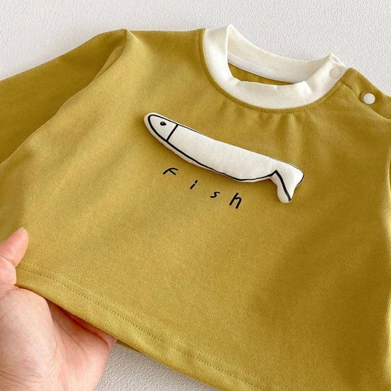 T-shirt à manches longues pour enfants de 6 mois à 4 ans, motif poisson jaune, respirant et doux, po