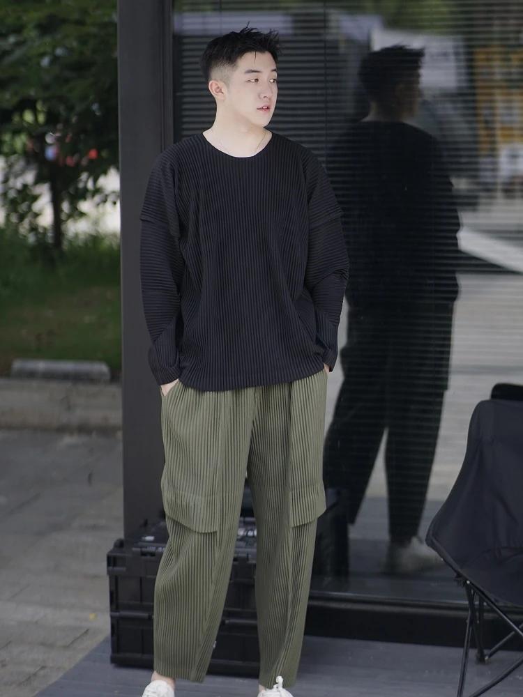 Miyake t-shirt plissé pour hommes col rond t-shirts pour hommes couleur unie couture manches haut à