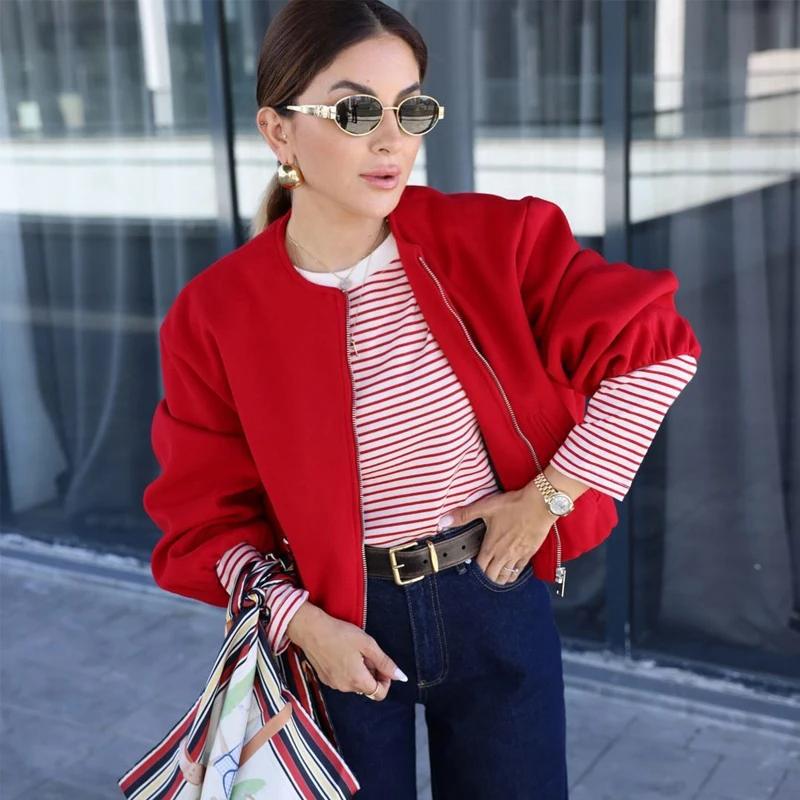 MUJER rouge fermeture éclair Bomber vestes pour femmes doux recadrée vestes femme 2025 à manches lon