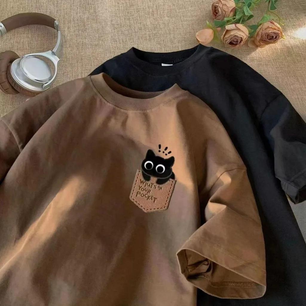 T-shirt décontracté à manches courtes style japonais-coréen, coupe ample, pour couple, motif dessin