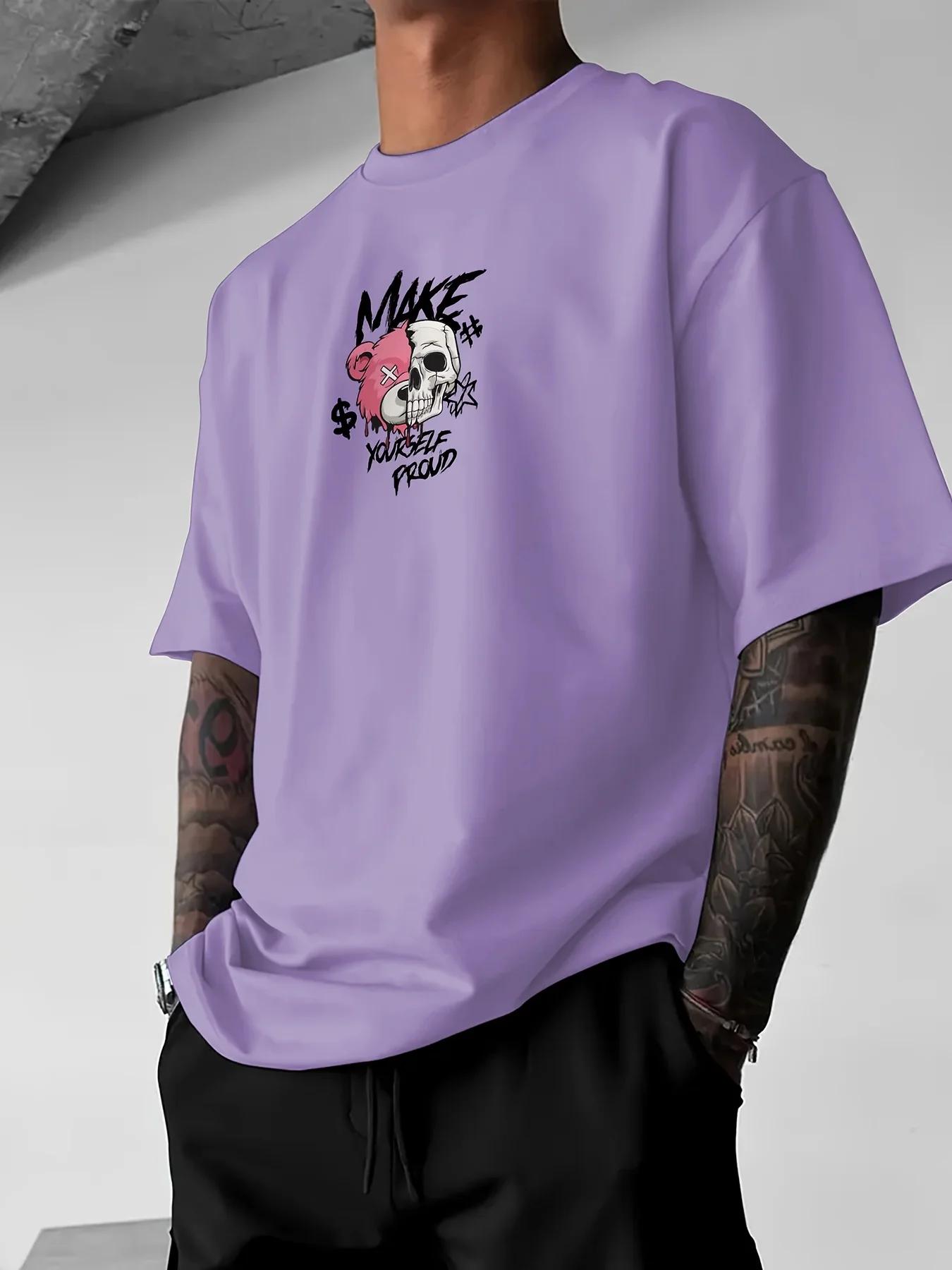 T-shirt col rond pour hommes européens et américains, imprimé crâne ours, confortable et respirant,