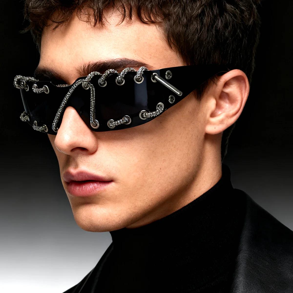 Lunettes de soleil Punk Y2k pour femmes, sans monture, avec chaîne en cristal, lunettes de soleil mo