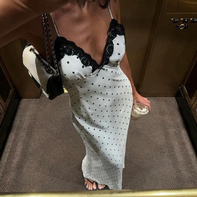 Tornova Sexy col en v à pois robe à bretelles pour les femmes mince français rétro dentelle épissure