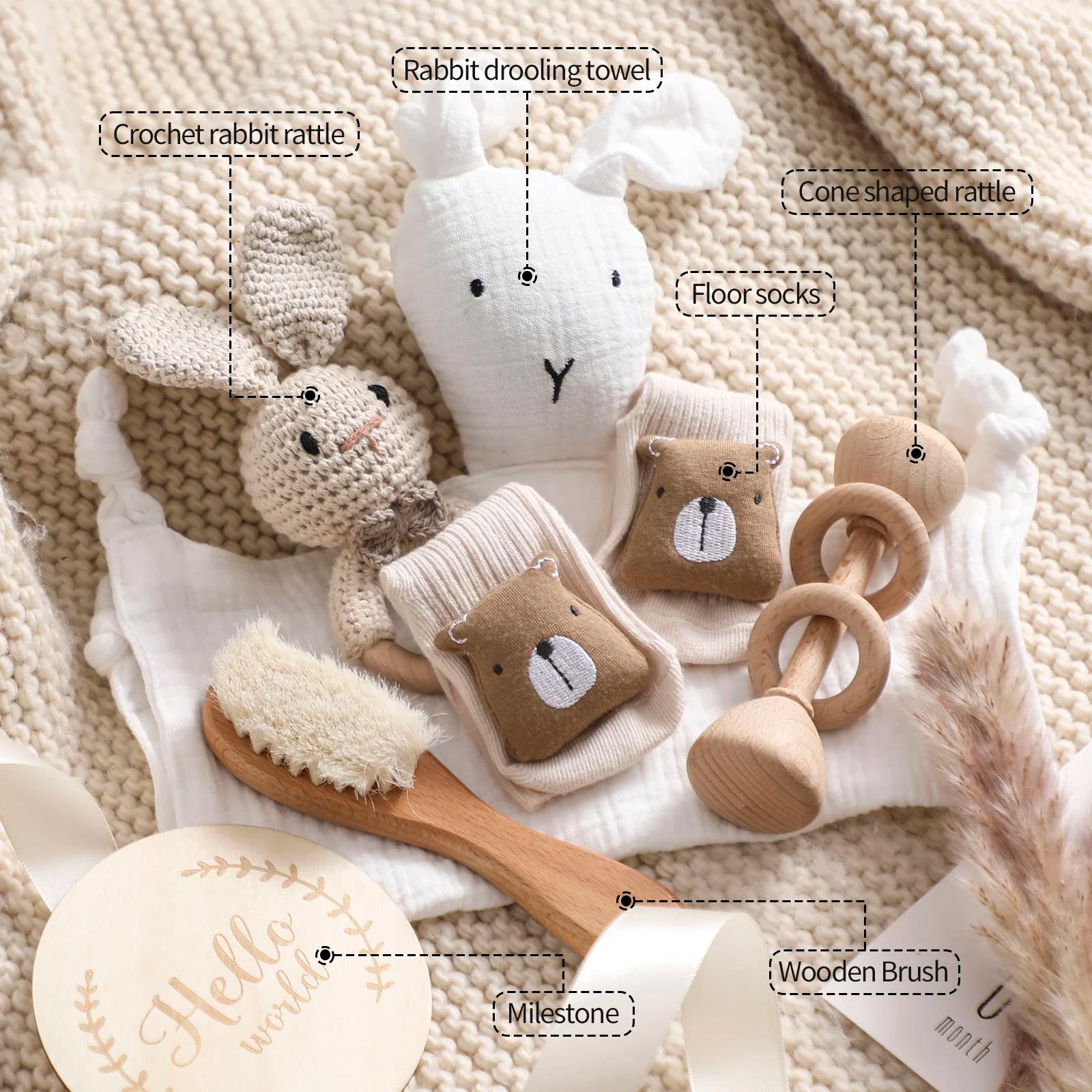Coffret cadeau naissance 7 pièces : couverture bébé coton double face, accessoires de bain nouveau-né