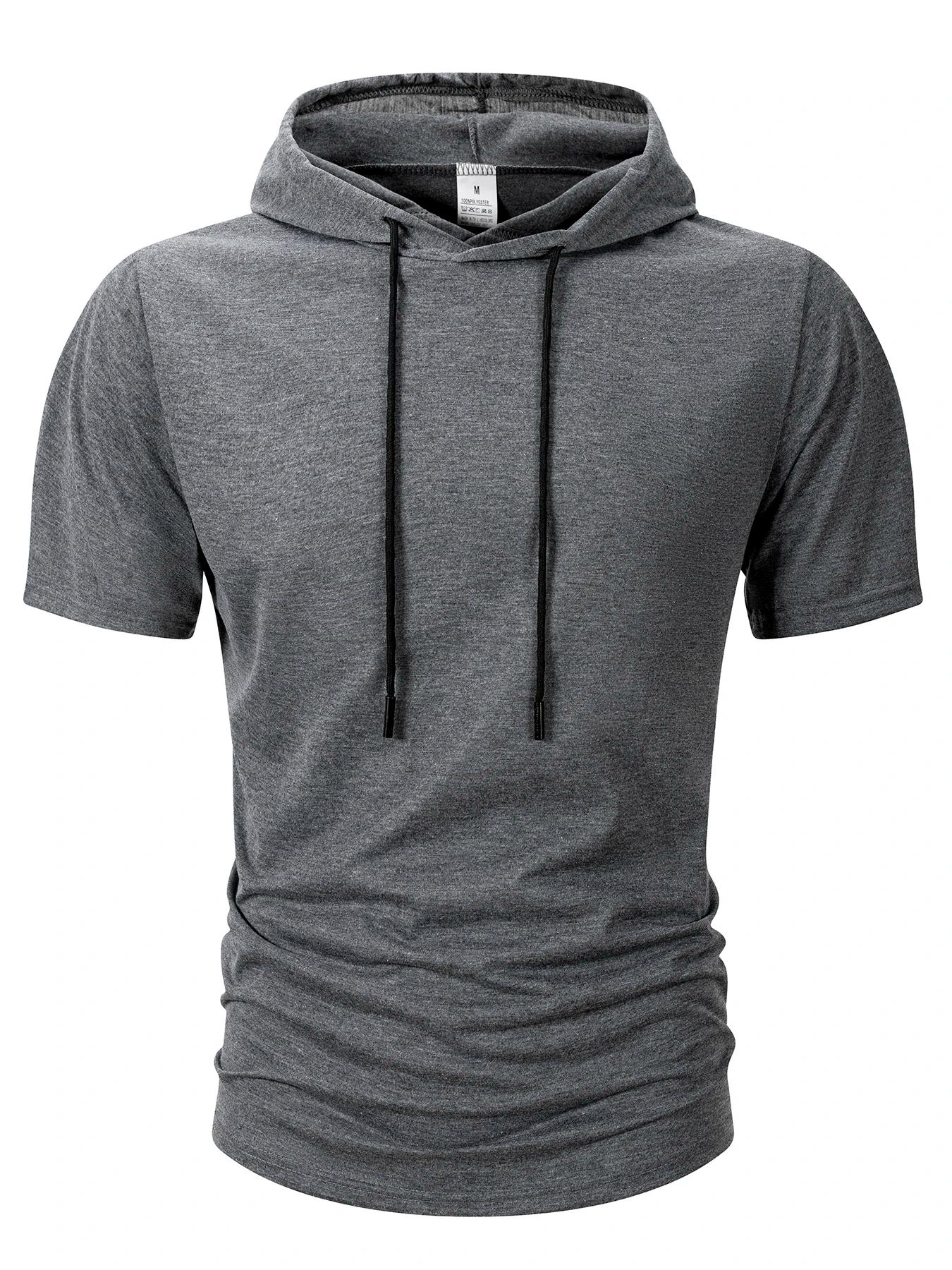 Sweat-shirt à capuche pour hommes, décontracté, manches courtes, ample, couleur unie, léger, Fitness
