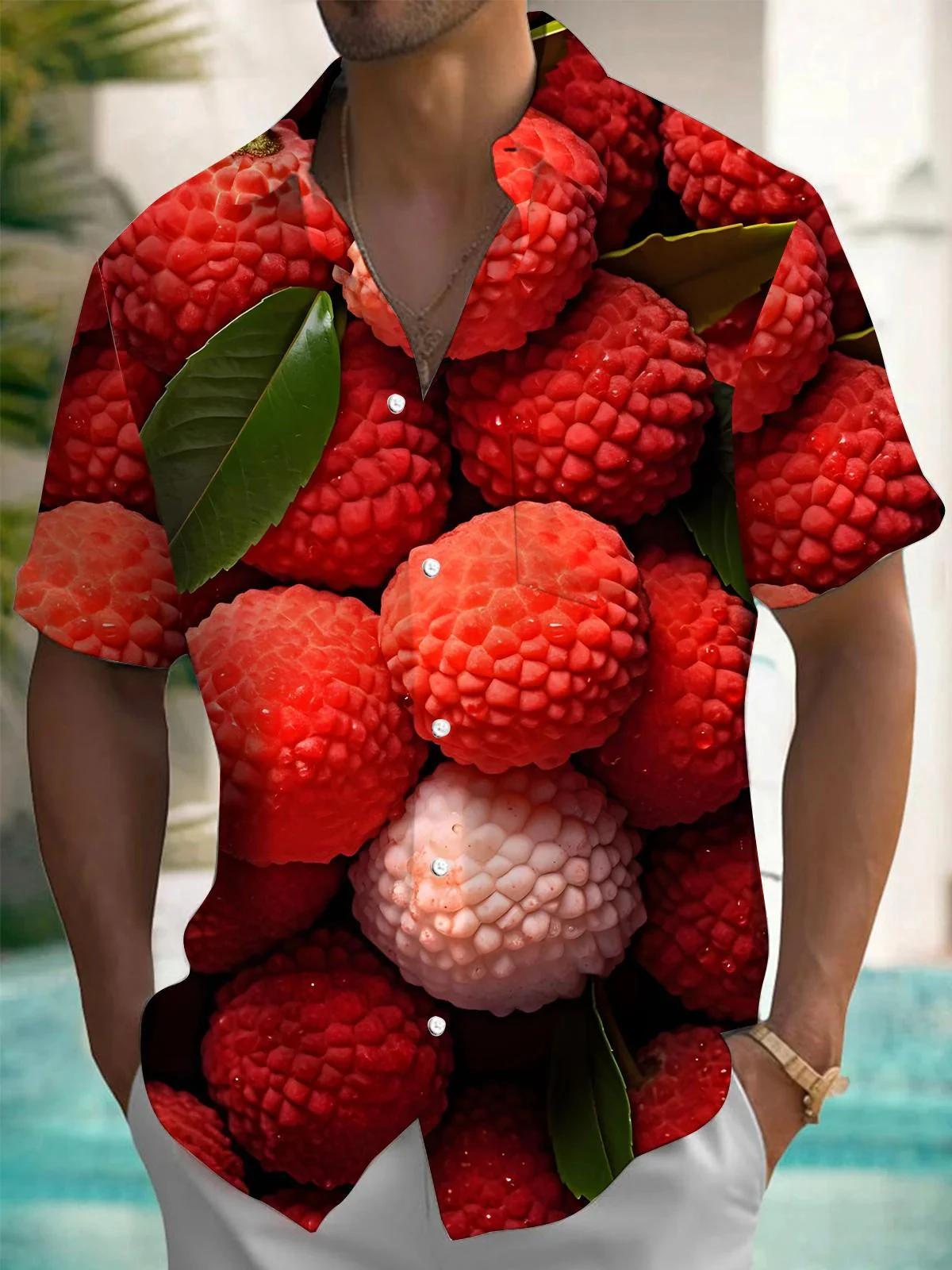 Chemise hawaïenne à manches courtes pour hommes, imprimé fruits fraises, tissu en Polyester, adapté
