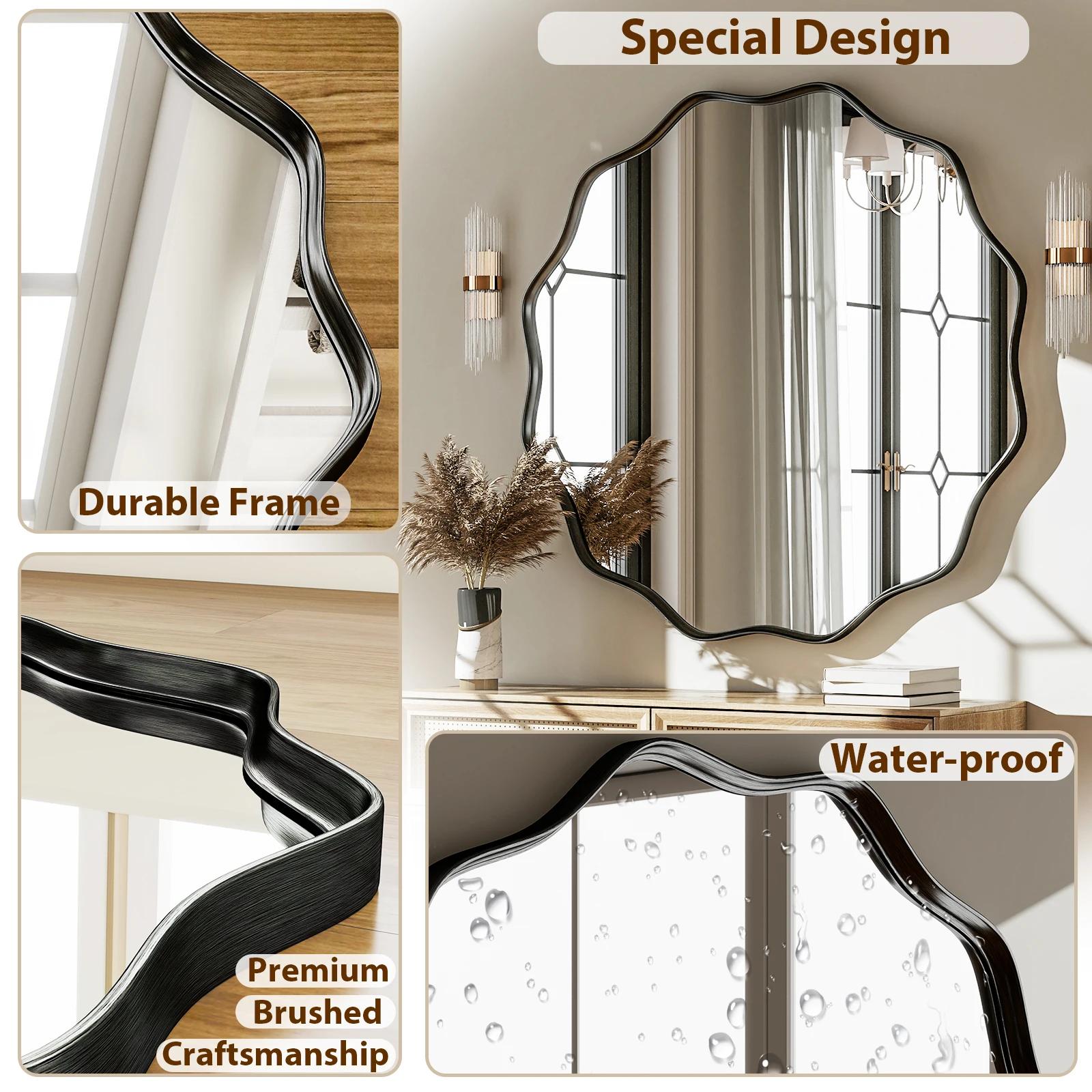Miroir de salle de bain rond ondulé, miroir mural décoratif avec cadre profond