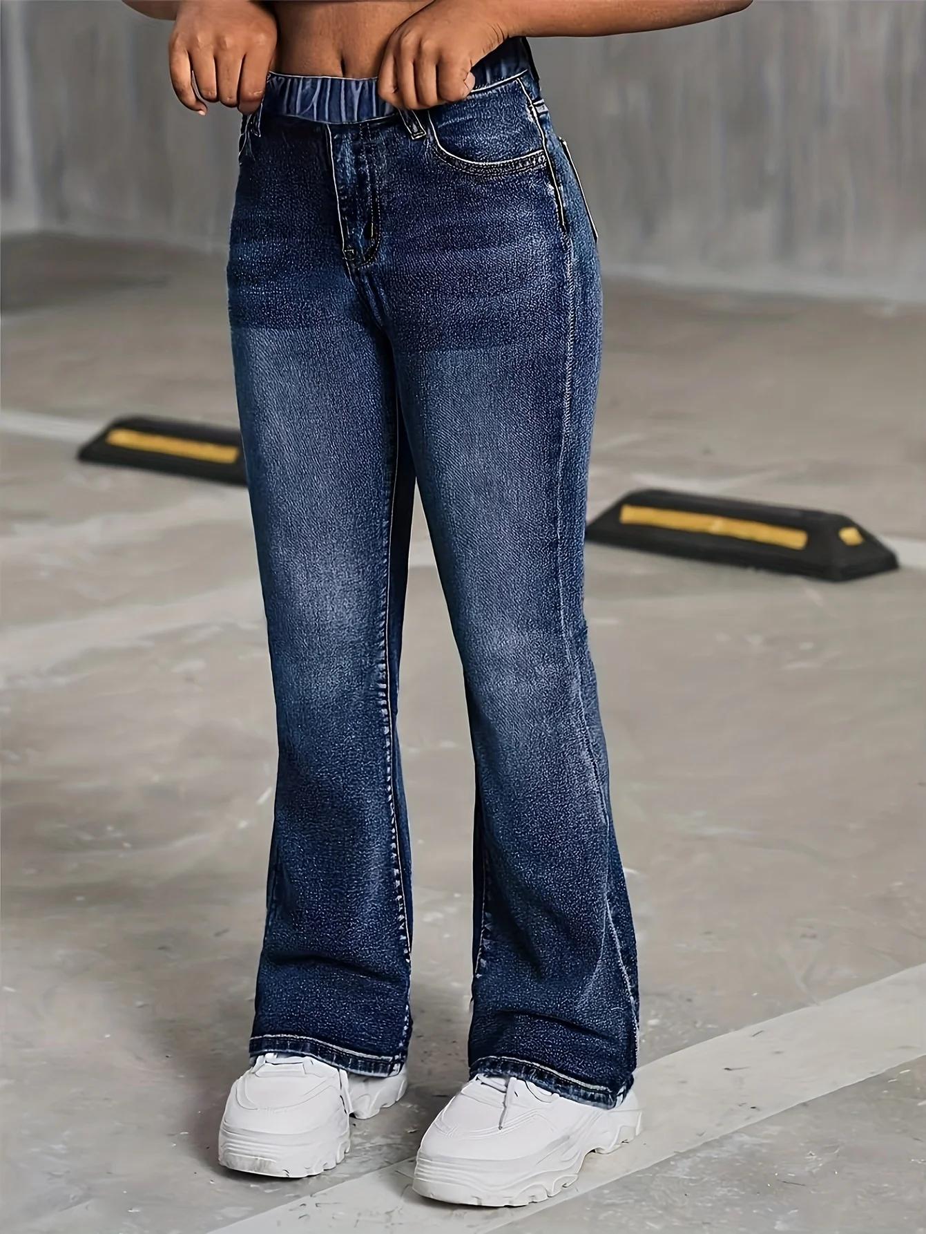 Jean à jambes larges de style scolaire pour filles, taille élastique et tissu confortable, adapté à