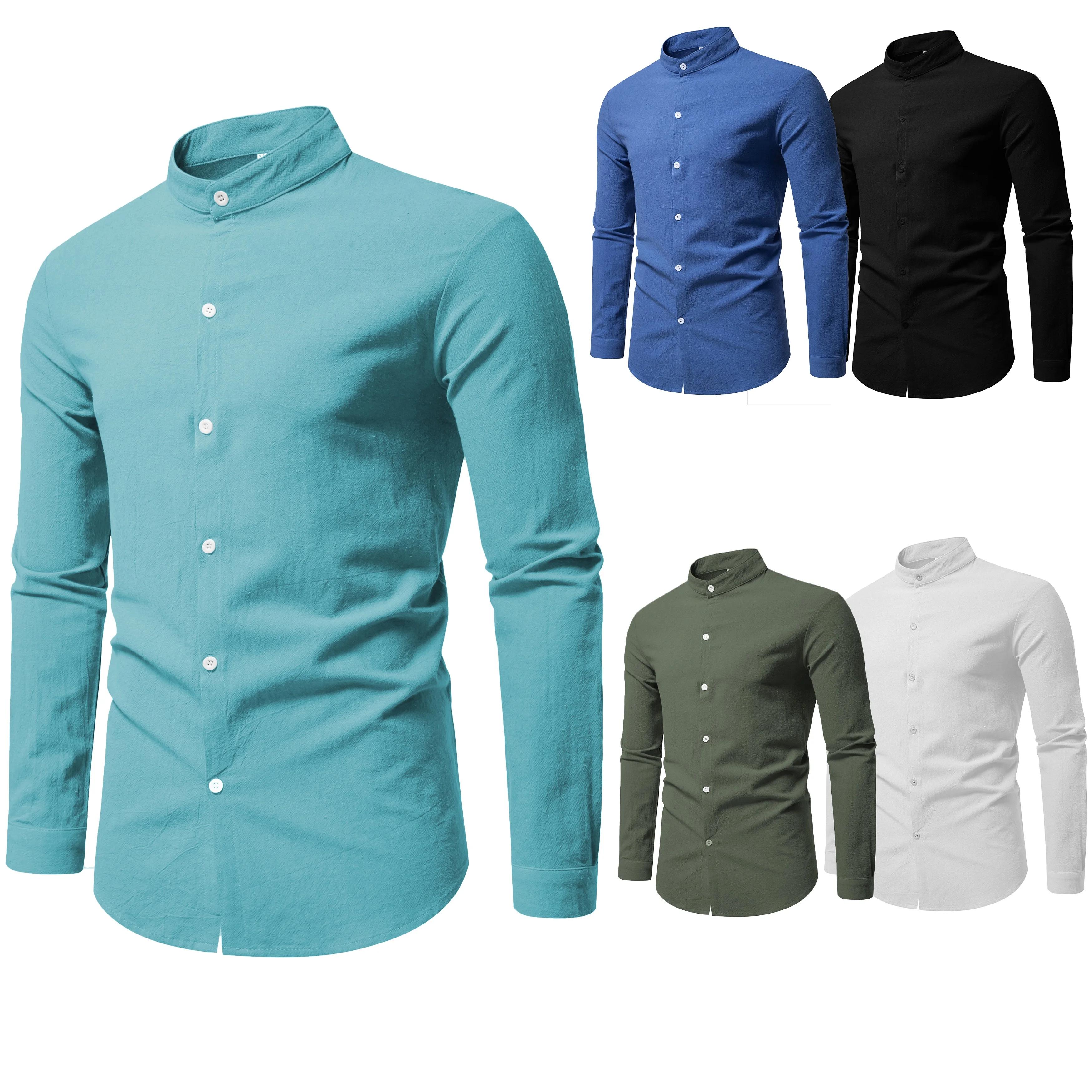 Printemps hommes à manches longues col montant couleur unie chemise décontractée hommes pur coton mo