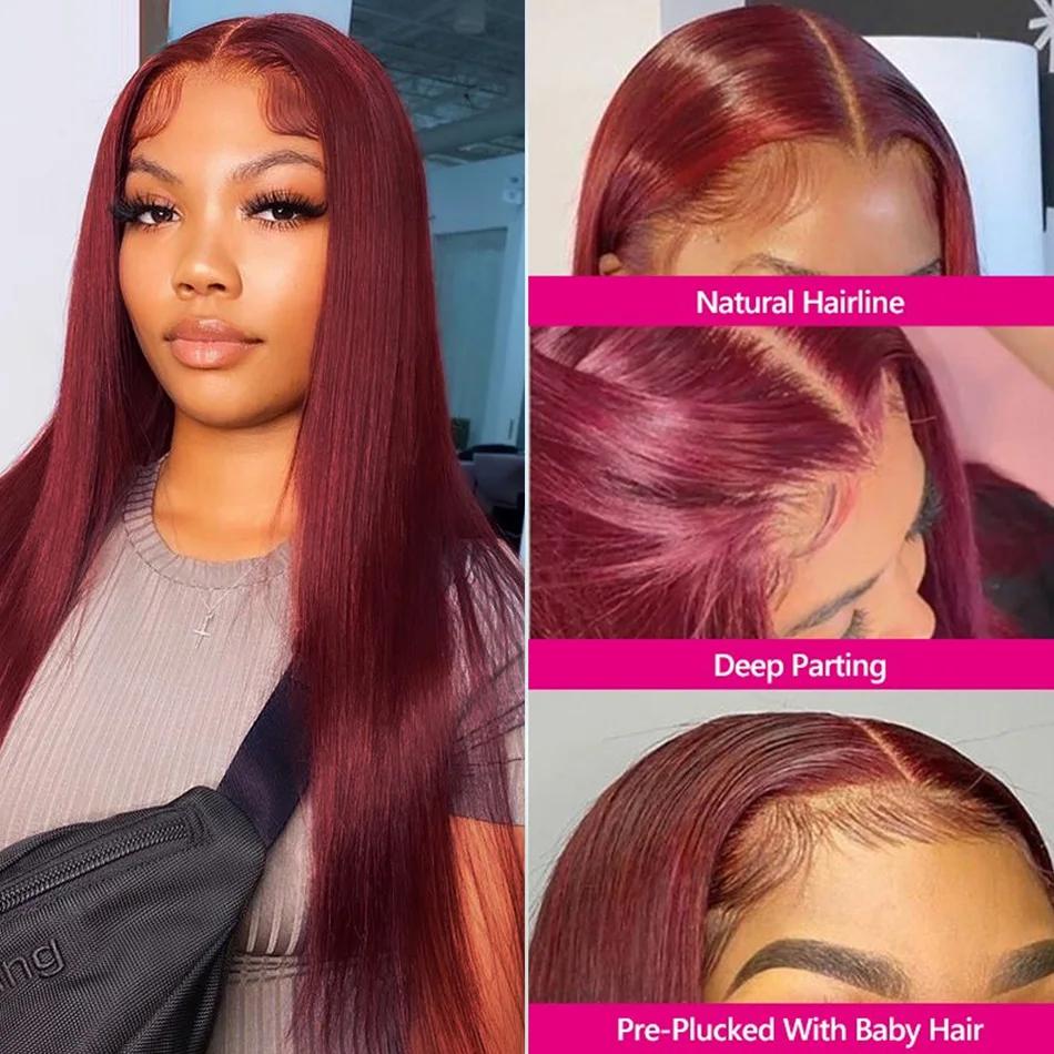 13x6 HD Transparent couleur dentelle avant perruques de cheveux humains 99J couleur bordeaux perruqu