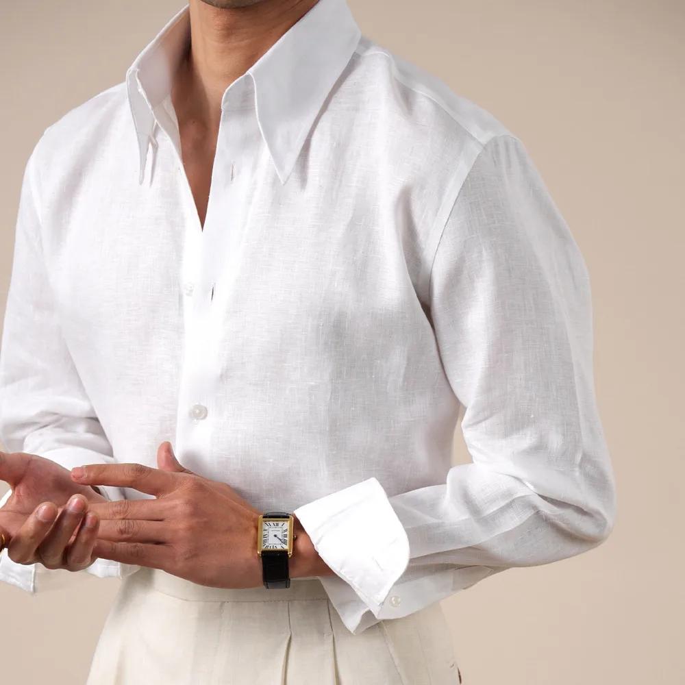 Chemises pour hommes 100% lin de haute qualité, manches longues, col italien pointu, respirantes, ch
