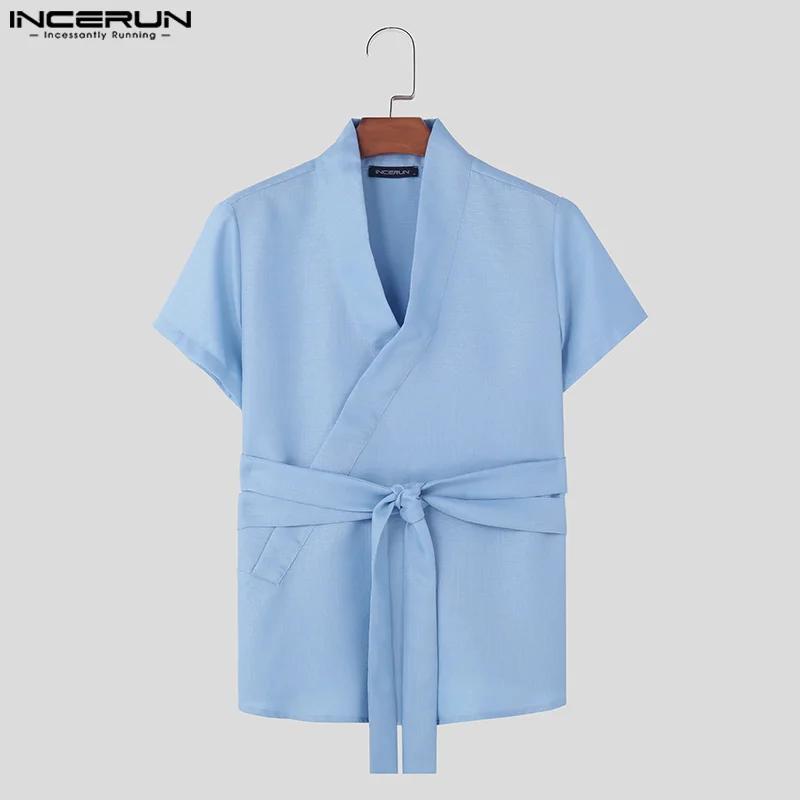 INCERUN hommes t-shirt couleur unie col en V à manches courtes été décontracté mâle t-shirt hauts St