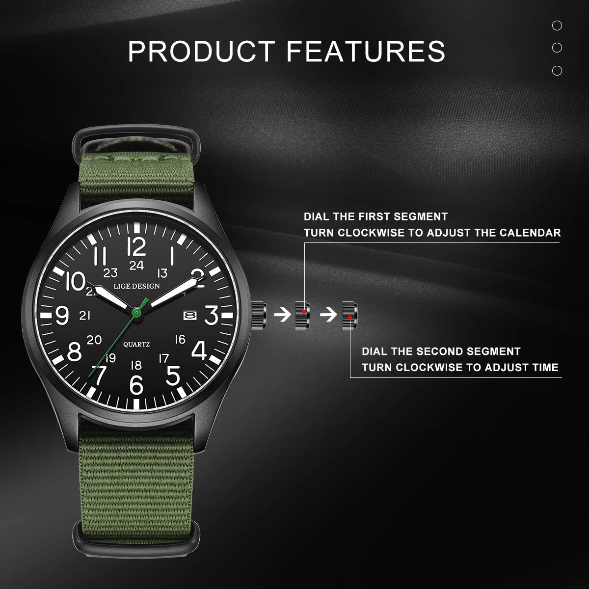LIGE Top marque de luxe hommes montre à Quartz Date Nylon cuir étanche lumineux militaire sport mont