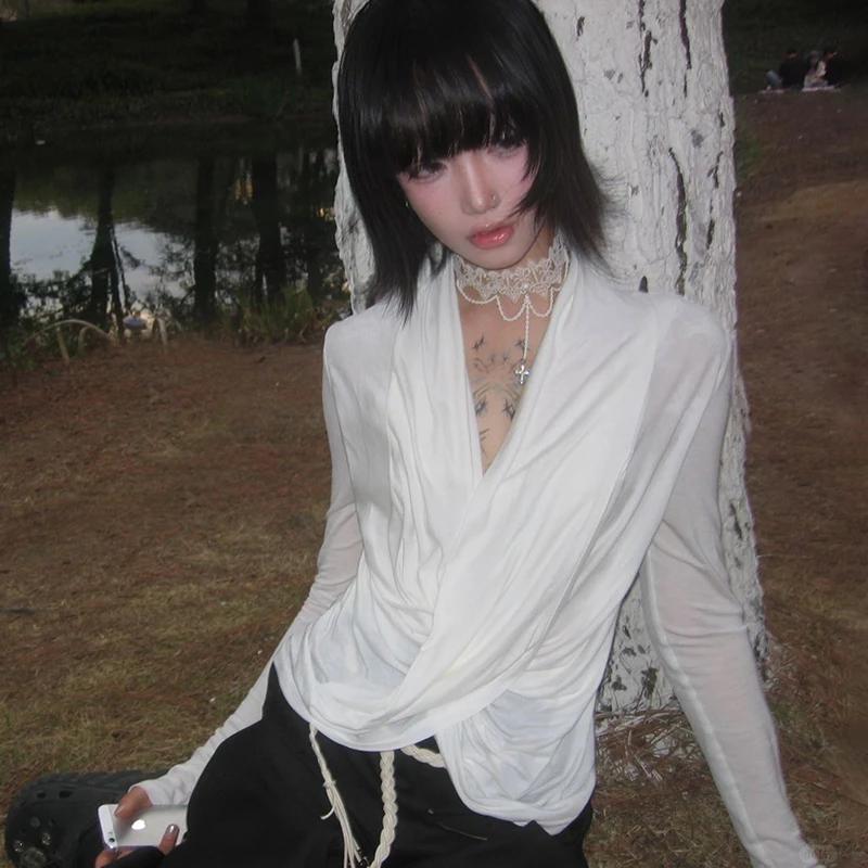 Karrram japonais Y2k croix hauts Trashy 2000s Style col en v à manches longues T-shirt Vintage Haraj
