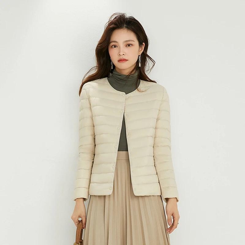 Veste en duvet de canard pour femme, col rond, col en v Variable, garde au chaud, sans col, manteau