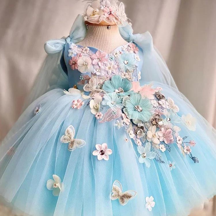 Robe de princesse à fleurs et papillons pour filles, luxueuse et élégante, en maille moelleuse, douc