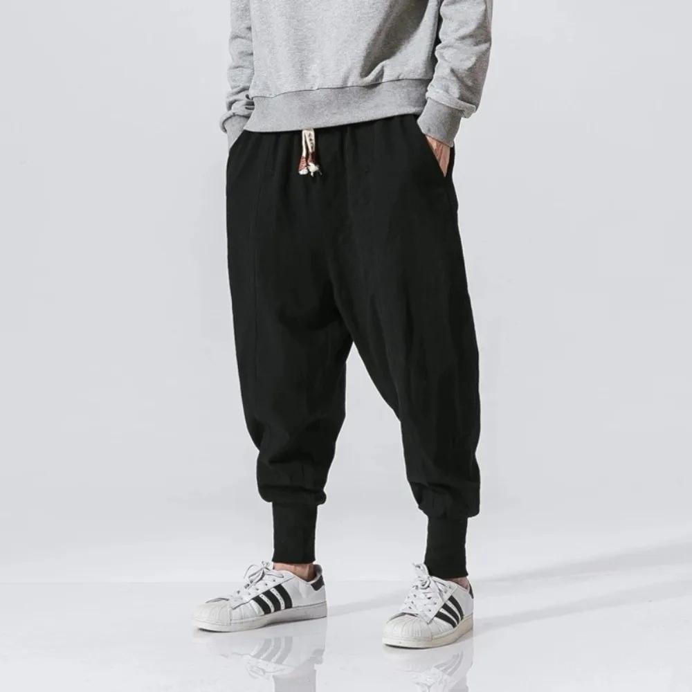 Coton lin sarouel hommes Streetwear Joggers nouveau Baggy goutte-entrejambe pantalon pantalon décont