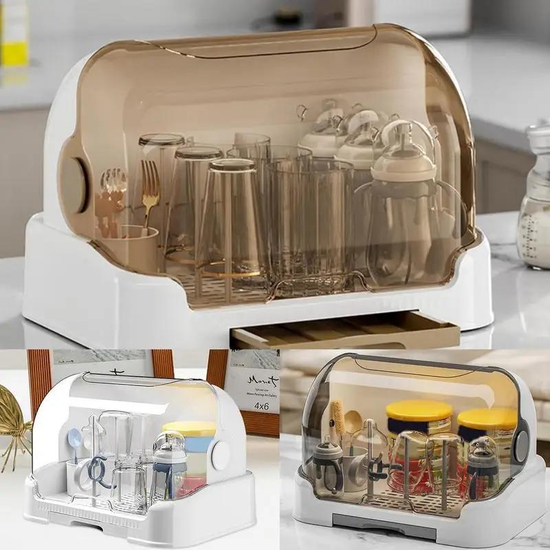 Support de séchage biberons avec plateau amovible - Boîte de rangement anti-poussière portable pour la maison