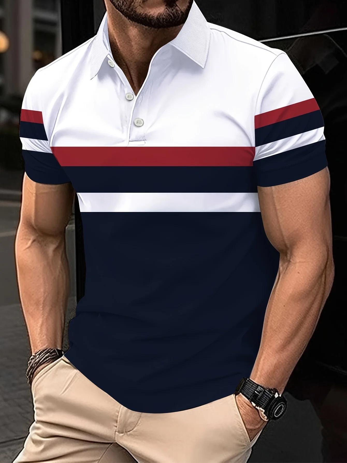 La nouvelle chemise POLO pour hommes d'été 2025 présente une impression de motifs rayés 3D décontrac