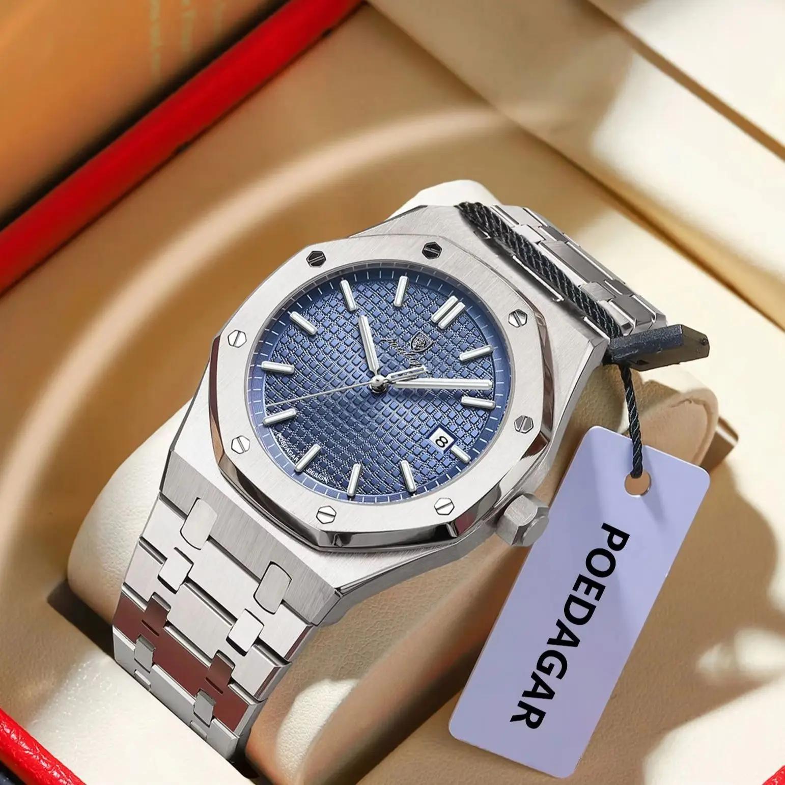 POEDAGAR Original luxe homme montre Date lumineux étanche en acier inoxydable hommes montre-bracelet