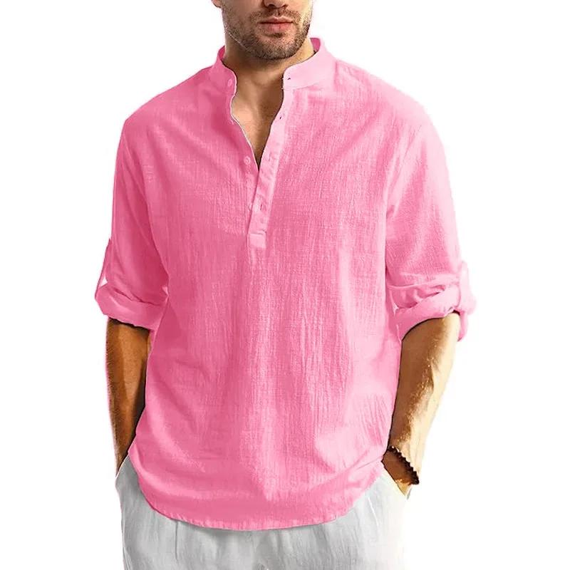 Nouveaux hommes lin coton t-shirts à manches longues boutonné chemises Henley plage chemises hawaïen