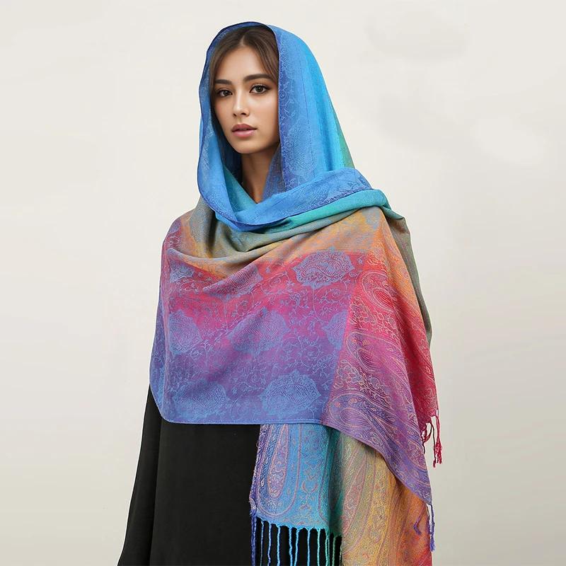 Couleurs arc-en-ciel hiver chaud épais Style ethnique Jacquard écharpe femmes voyage musulman Hijab