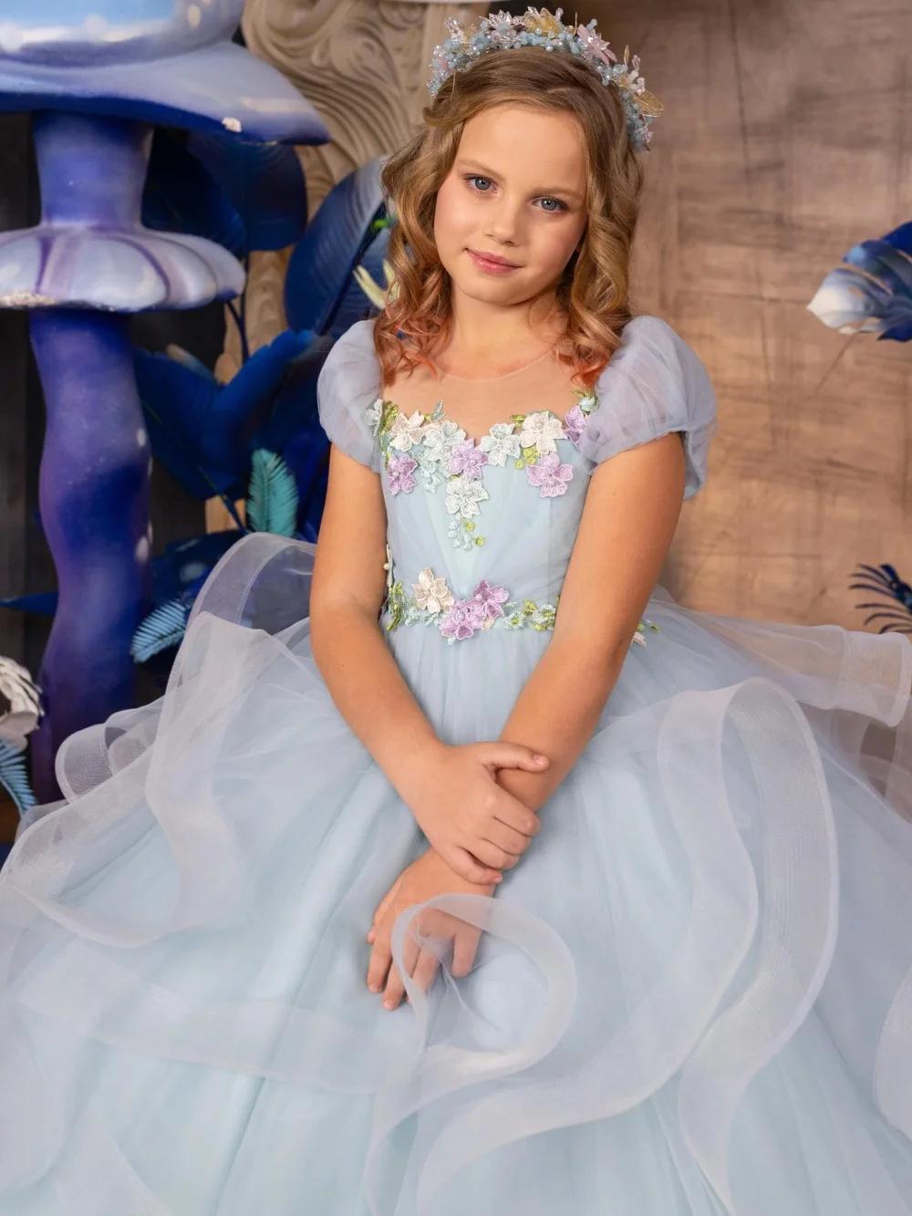 Robes de filles en tulle bleu ciel pour mariage, élégantes et douces, à col rond et manches bouffant
